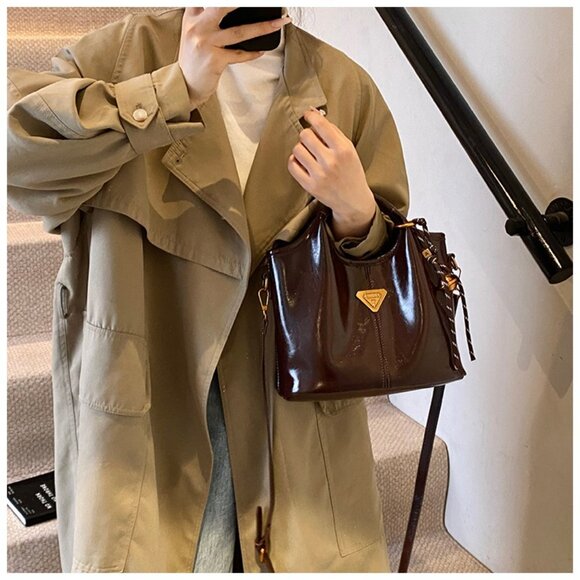 Patent Faux Leather Slouchy Mini Tote Bag /Multiple colors available - Picture 4 of 13